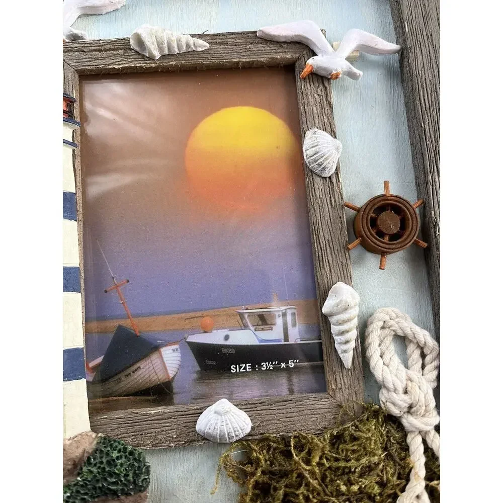 Vintage Lighthouse Picture Frame Table Desk Top Glass Multicolor Nautical Sea